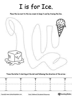 The Letter I is For Ice: Teach the alphabet while creating opportunities to develop your child's fine motor skills. In this activity your child will say the name of the pictuer, trace the lines and the letter I. I Worksheets Preschool, Letter I Worksheets For Preschoolers, Letter I Words, Prewriting Activities Preschool, I Is For Ice, Letter I Activities, I Worksheet, Preschool Prewriting, Letter I Worksheet