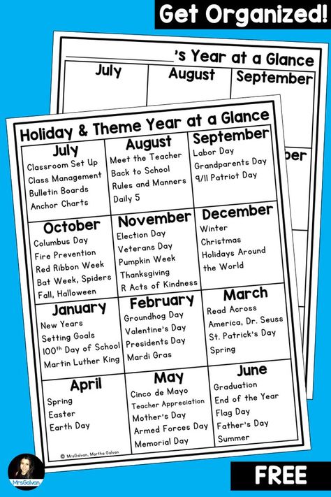 FREE Holiday and Theme Year at a Glance to get organized by knowing what special events are coming up next in the school year! (scheduled via http://www.tailwindapp.com?utm_source=pinterest&utm_medium=twpin) Grade 1 Year Plan, Classroom Reminders, Preschool Lesson Plans Themes, First Grade Themes, Year At A Glance Calendar, Kindergarten Homework, Halloween Teaching, Pre K Curriculum, Planning School