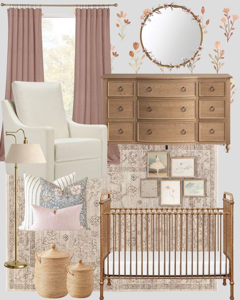 Vintage inspired nursery design 🪷 Nursery for girl, girl nursery, nursery decor  #nursery #nurserydecor #nurserythemes #nurseryroominspiration #nurseryideas Gold Crib Nursery, Nursery For Girl, Organization Nursery, Vintage Baby Girl Nursery, Vintage Girl Nursery, Girly Nursery, Wood Nursery, Nursery Room Design, Girl Nursery Room