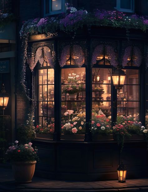 A picturesque scene of a Victorian era tea shop, illuminated by the soft light of gas lamps, with a variety of colorful blooms. Victorian Shop Aesthetic, Gas Lamp Aesthetic, Fantasy Tea Shop, Victorian Tea Party Aesthetic, Druid House, Tea Shop Aesthetic, Soft Victorian Aesthetic, Old Library Aesthetic, Victorian Era Aesthetic