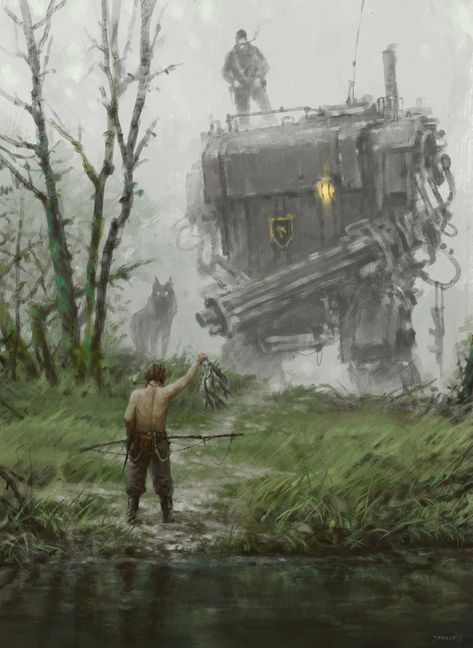 ArtStation - 1920 - fisherman, Jakub Rozalski Sztuka Science Fiction, Jakub Rozalski, Apocalypse Landscape, Dystopian Art, Apocalypse Aesthetic, Post Apocalyptic Art, Arte Steampunk, Apocalypse Art, Fotografi Kota