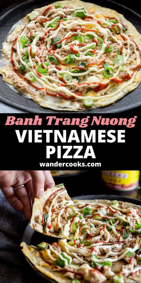 Vietnamese Pizza (known as Bánh Tráng Nướng) is essentially grilled rice paper used as a pizza base. This super popular Vietnamese street food snack is easily cooked at home with any toppings you have on hand. We love cooking this crispy rice paper pizza topped with egg, spring onion, cheese, and canned meat (especially TUNA – yum!) finished with mayonnaise and sriracha. Rice Paper Pizza, Vietnamese Pizza, Crispy Rice Paper, Easy Vietnamese Recipes, Rice Paper Recipes, Grilled Rice, Vietnamese Street Food, Healthy Asian Recipes, Pizza Base