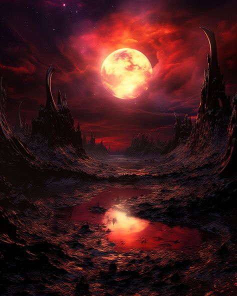 Hellish Landscape Art, Fantasy Volcano Art, Red World Aesthetic, Cosmic Horror Landscape, Demonic Landscape, Sci Fi Planet Concept Art, Evil Landscape, Hell Concept Art, Hell Landscape