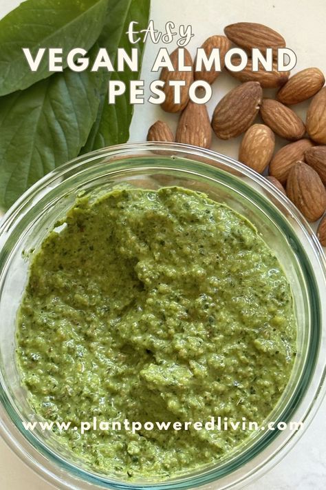 Glass jar of vegan almond pesto with toasted almonds and basil on the side of the jar. Almond Pesto Recipe, Vegan Pesto Recipe, Vegan Pesto Pasta, Gluten Free Pesto, Almond Pesto, High Protein Vegan Recipes, Vegan Pesto, How To Make Pesto, High Protein Vegan