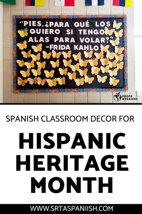 Are you wanting to celebrate Hispanic Heritage Month in your school? Check out these bulletin boards for Spanish class! They are great for door decorations or a classroom display. Some of them are crafts or activities your kids can do before hanging up to create the bulletin board! Hang them in your Spanish classroom or school library, cafeteria, or entrance to celebrate Hispanic Heritage Month in your middle school or high school! Spanish Board Ideas, Latin Classroom Decorations, Spanish Classroom Bulletin Board Ideas, Spanish Class Decorations, Spanish Displays Classroom, Spanish Class Bulletin Board Ideas, Hispanic Heritage Month Book Display, Hispanic History Month Bulletin Board, Spanish Door Decorations Classroom