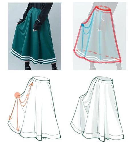 Clothing Tips Drawing, Drawing Skirts Sketches, Skirt Folds Reference, How To Draw Wet Clothes, Long Skirt Drawing Reference, Holding Dress Reference, How To Draw Fabric, How To Draw Skirts, Clothes Side View