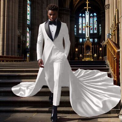 Wedding Suits Groom Off White, Long Tuxedo Jacket Men, Mens Hollywood Glamour, Men’s Wedding Fashion, Mens Wedding Tuxedo Ideas, All White Tuxedo Wedding, Mens Masquerade Party Outfit, Mens Fall Fashion 2024, Suit With Train