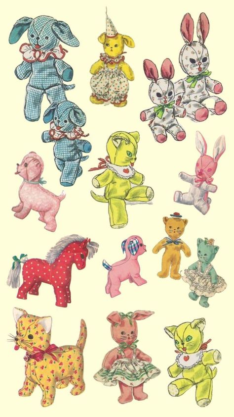 1950s Animal Illustration, Kitsch Vintage Art, Retro Kitsch Aesthetic, Vintage Kitsch Aesthetic, Vintage Kitsch Art, Stuffed Animal Drawing Reference, Phone Wallpaper Animals, Vintage Toys Aesthetic, Kitsch Collage