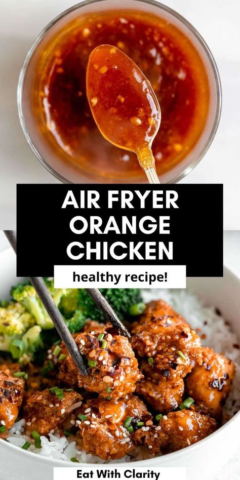 This crispy air fryer orange chicken is healthy, full of flavor and so easy to make. it's gluten free, refined sugar free, paleo friendly and tastes just like Chinese take out! This orange chicken is easy to make and the perfect family favorite dinner! Air Fryer Orange Chicken, Gluten Free Orange Chicken, Plat Vegan, Chinese Take Out, Orange Chicken Recipe, Air Fryer Oven Recipes, Chicken Eating, Favorite Dinner, Air Fryer Dinner Recipes