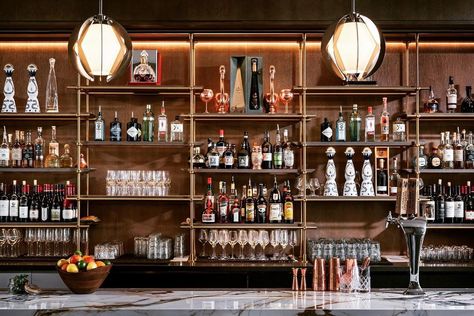 Collector's Bar + Restaurant Shelves by Amuneal Restaurant Shelves, Back Bar Shelving, Floating Bar Shelves, Restaurant Shelving, Bar Shelving, System Furniture, Loft Wall, Bronze Kitchen, Bar Shelves