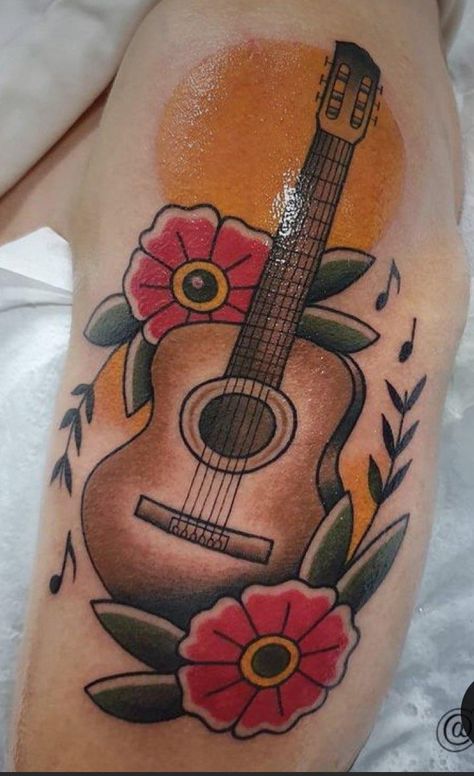 Old School Guitar Tattoo, American Traditional Guitar Tattoo, Traditional Guitar Tattoo, Tattoo Collage, Piano Tattoo, Acoustic Guitar Tattoo, Microphone Tattoo, Traditional Tattoo Woman, Concept Tattoo