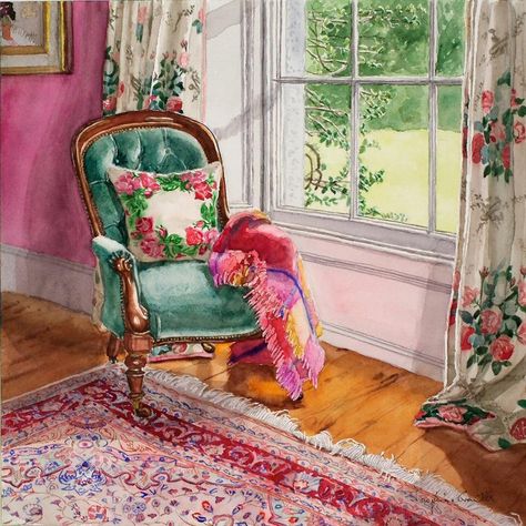 Josephine Grant Spiral Design Art, Watercolor House Painting, Interior Paintings, Interior Illustration, Cottage Art, Art Chair, Painted Chairs, Drawing Room, Room Paint