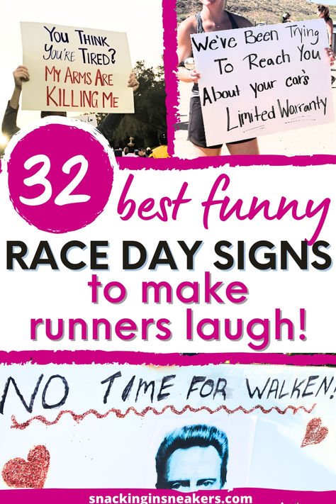 A collage of three funny race day signs for runners with a text overlay that says best funny race day signs to make runners laugh. Marathon Race Signs Funny, Running Spectator Signs, Half Marathon Support Signs, Half Marathon Posters Ideas Funny, 5k Race Signs, Signs For Runners Cheer, Running Posters For Races Funny, Cross Country Signs Ideas Funny, Funny Signs For Marathon Runners