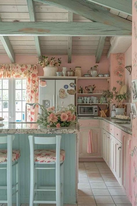 (6) Facebook Beachy Shabby Chic Decor, Pink And Teal Kitchen Ideas, Pastel Cottage Kitchen, Shabby Chic Kitchen Decor French Country, Cozy Cottage Kitchen Aesthetic, Pink Cottage Kitchen, Fairycore Kitchen, Fairytale House Interior, Shabby Chic Kitchens