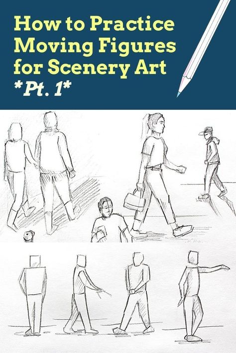 Video tutorial for beginner artists sharing must-know information and exercises to work on to help you easily add dynamic figures into scenery artwork. Learn basic body proportions and essential tips on sketching simplified figures in different moving poses. #howtosketchpeople #sketchingmovingpeople #howtodrawwalkingpose #bodyproportionsdrawing #bodyproportionssketch How To Draw Movement, Moving Poses, Figures In Motion, Sketch Things, Scenery Artwork, Art Exercises, Human Face Drawing, Drawing Figures, Katie Jones