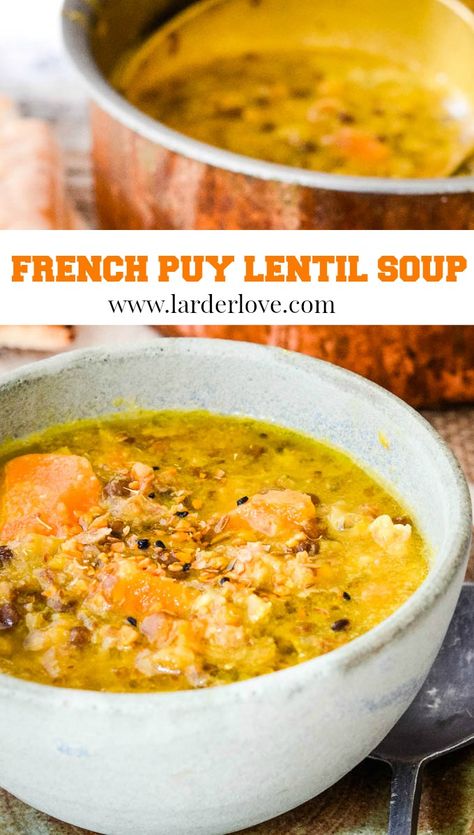 French puy lentil soup is rich and filling and packed with goodness and easy to make too. #frenchlentil soup #puylentilsoup #lentilsoup #souprecipes #larderlove Lentils Du Puy Recipe, Puy Lentils Recipes, Puy Lentil Recipes, Soup Recipes Healthy Low Calories, Creamy Lentil Soup, French Lentil Soup, Green Lentil Soup, Puy Lentils, French Soup