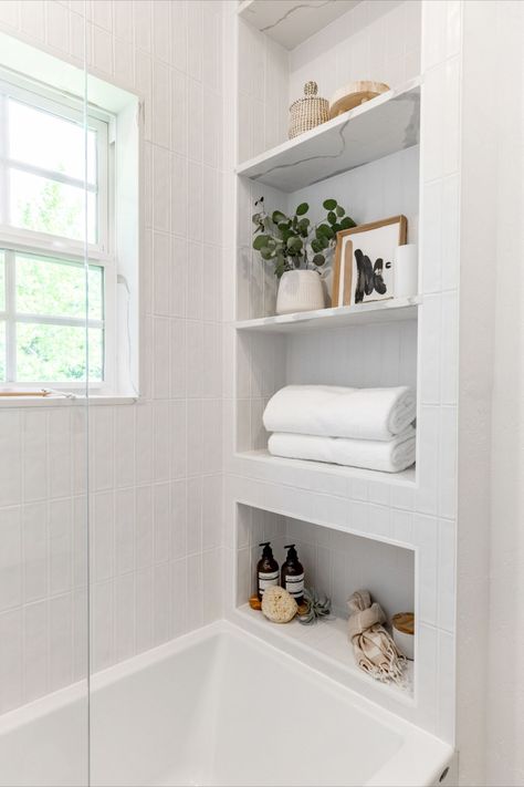 Shelving Ideas Bathroom, Bathrooms Classic, Bathroom Shelving Ideas, Tile Shower Niche, Bathtub Shelf, Bathroom Shelves For Towels, Built In Bathtub, Bathroom Shelves Over Toilet, Built In Bath