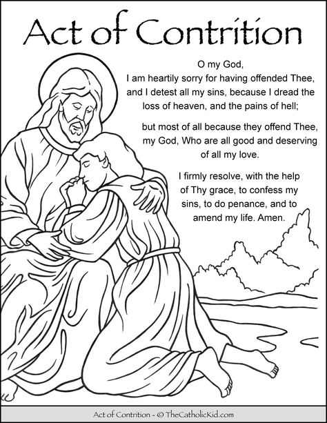 Act of Contrition Prayer Kids Coloring Page Printout - TheCatholicKid.com Act Of Contrition Prayer Activity, Act Of Contrition Prayer Catholic, Act Of Contrition Prayer, Catholic Coloring Pages, Act Of Contrition, Ccd Activities, Christian Coloring Pages, Catholic Kids Crafts, Catholic Kids Activities