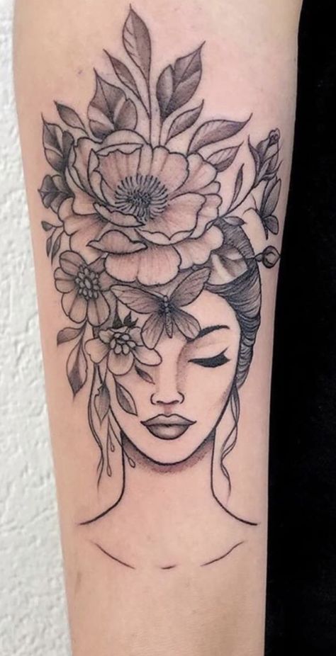 Floral Lady Head Tattoo, Lady With Flower Head Tattoo, Women With Flower Head Tattoo, Nature Woman Tattoo, Floral Woman Tattoo, Floral Head Tattoo, Face With Flowers Tattoo, Flower Head Tattoo, Tatuaje Cover Up