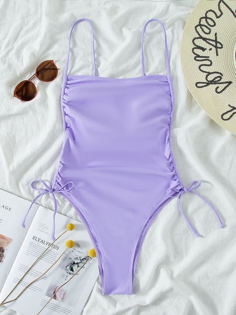 Lilac Purple Cute   Nylon Plain   High Stretch  Women Beachwear Swimming Suits Bikinis, Preppy Swimwear, Outfit Swimming, Preppy Bathing Suit, Swim Outfits, Swimming Clothes, Aesthetic Swimsuit, Swim Outfit, Purple Bathing Suit