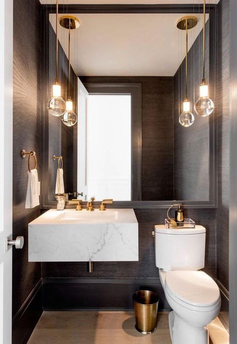 The powder room is a half bathroom traditionally just off of the entryway for guests. Take a look at these 12+ awesome powder room ides & designs. Makeover Kamar Mandi, Modern Powder Rooms, Powder Room Decor, Gold Fixtures, Powder Room Design, Bad Inspiration, Modern Toilet, Half Bathroom, Bathroom Ideas Modern