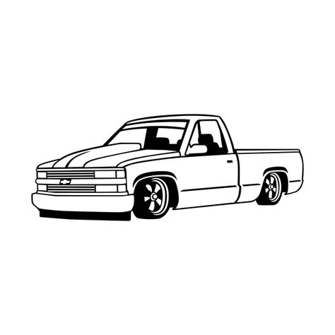 Chevy Truck Outline, Chevy Trucks Drawings, Low Rider Truck Drawing, Truck Cartoon Drawings, Square Body Chevy Drawing, Dropped Trucks Drawings, Simple Truck Tattoo, Chevy Truck Tattoo Ideas, Truck Drawings Easy