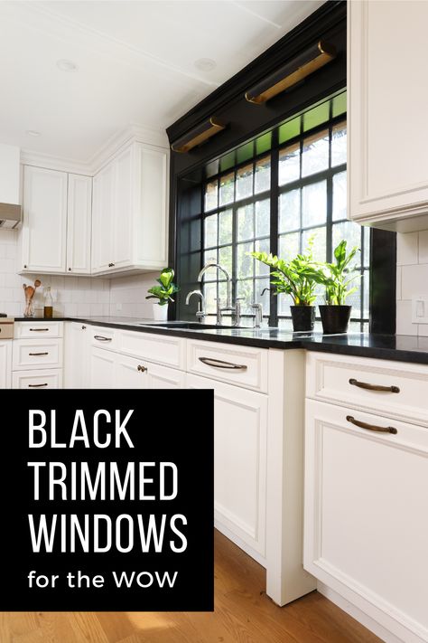 Black Inset Windows, White Kitchen Black Trim, Window Trim Ideas Interior Black Windows, Black Kitchen Windows, Black Window Frames Interior White Trim, Window Trim Ideas Interior Paint Colors, Black Trim White Windows, Black Interior Windows With White Trim, Paint Window Trim Black