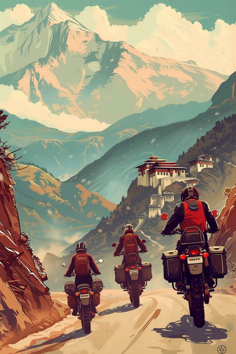 💎🌟Travel Wall Art with Midjourney Prompts - Click on the Link in my Bio🎉🔗 Bike Poster Design Graphics, Motorbike Illustration, Travel Anime, Motorcycle Wall Art, Motorbike Art, Enfield Himalayan, Motorcycle Artwork, Enfield Motorcycle, Bike Trip