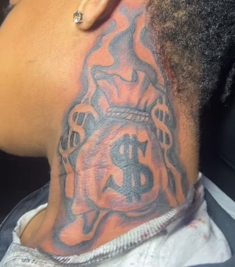 Flame Neck Tattoo Men, Dice Neck Tattoo, Black Hood Tattoos For Men, Money Bag Neck Tattoo, Hood Arm Tattoos Men, Money Neck Tattoos, Fire Neck Tattoo, Neck Tattoos For Men Black, Flame Neck Tattoo