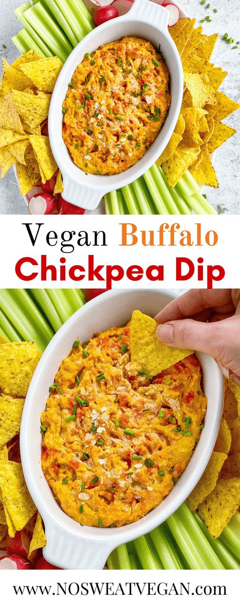 This Buffalo Chickpea Dip is the perfect balance of creamy and spicy. You just need a handful of ingredients to make this oil-free vegan dip. It's great for game day, movie night, or holiday parties, but it can also be added to wraps, sandwiches, and vegan quesadillas! Buffalo Chickpea Dip, Chocolate Appetizers, Vegan Quesadillas, Chickpea Dip, Buffalo Chickpea, Vegan Apps, Vegan Appetizers Recipes, Vegan Party Food, Vegan Dip