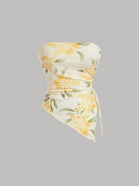 SHEIN MOD Women's Floral Pattern Asymmetrical Hem Strapless TopI discovered amazing products on SHEIN.com, come check them out! Hawaiian Tops Women, Yellow Outfits For Women, Brazil Clothing, Halter Tops Outfit, Fabric Plants, Flower Print Top, Yellow Clothes, Top Bustier, Cruise Outfits