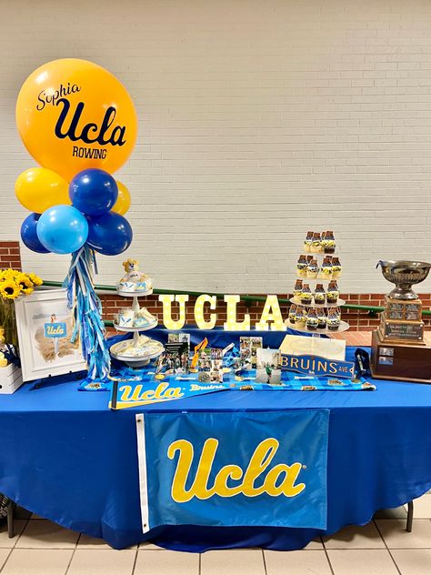 Ucla Party Decorations, Ucla Party Ideas, College Signing Table Ideas, Signing Party Ideas College, Senior Table Ideas Cheer, Signing Tables For College, College Table Display, Football Signing Day Table Ideas, Senior Signing Day Table