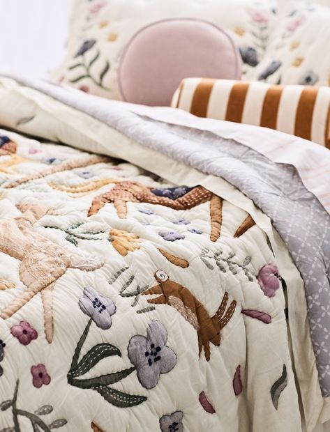 Nursery Decor Twin Bed Toddler Room, Fun Toddler Beds, Floral Toddler Room, Madeline Quilt, Anthropology Bedroom, Vintage Kids Bedroom, Rainbow Kids Bedroom, Sisters Bedroom Ideas, Boho Toddler Room