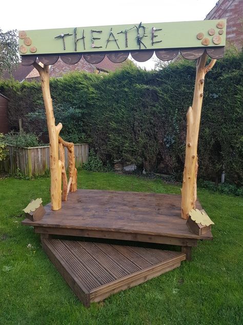 Backyard Stage Ideas, Diy Outdoor Stage, Outdoor Stage Ideas, Nature Play Backyard, Outside Stage, Backyard Stage, Front Flower Bed Ideas, Outdoor Music Area, Front Flower Bed