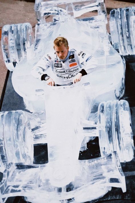 a young kimi raikkonen lowers himself into  a to-scale formula 1 car made completely of ice Kimi Raikkönen, Mika Häkkinen, Ice Car, Ice Man, The Iceman, Kimi Raikkonen, F1 Car, Ice Sculpture, Formula 1 Car Racing