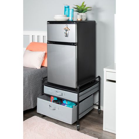 Rebrilliant Gomes Fridge Stand Supreme 2 Drawer Storage Chest | Wayfair Fridge Stand, College Dorm Room Organization, College Furniture, Dorm Fridge, College Dorm Room Inspiration, Dorm Supplies, Dorm Room Styles, College Dorm Room Essentials, Dorm Storage