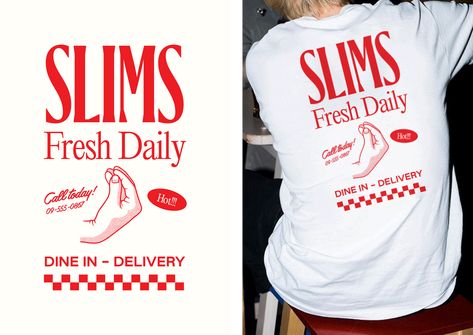 Slims Pizza on Behance Pizza Tshirt Design, Pizza Branding Design, Pizza Uniform, Deli Branding, Diner Branding, Diner Logo, Blake Scott, Pizza Branding, Visuell Identitet