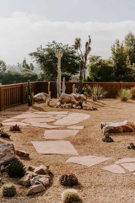 These clients had a few beautiful specimens that begged to be displayed. We added an eclectic mix of cacti and succulents, a neutral rock finish material to let the plants shine, and some interesting boulders to complete this effortlessly cool cactus garden. #landscapedesign #yardideas Desert Landscaping Backyard, Flagstone Pathway, Cactus Gardens, Desert Backyard, Gravel Landscaping, Lawn Alternatives, Drought Tolerant Landscape, Areas Verdes, Coastal Gardens