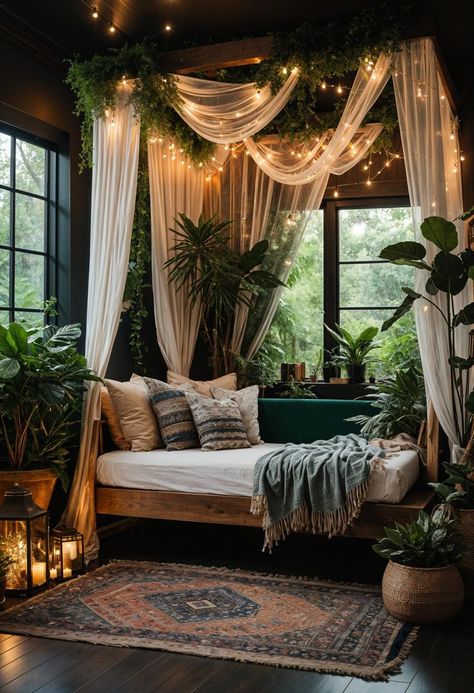 Dark Boho Eclectic Decor, Bohemian Rooms Ideas, Boho Bedroom Dark Colors, Plant Room Living Room, Fairy Witch Aesthetic Room, Witchy Aesthetic Living Room, Boho She Shed Interior Ideas, Dark And Moody Bedroom Jewel Tones, Boho Witchy Living Room