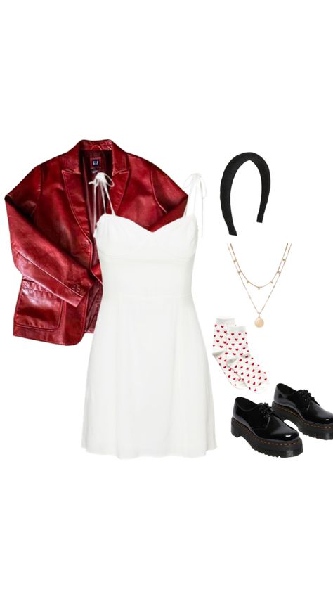 red leather jacket, platform oxfords, black headband, outfit Black Headband Outfit, Platform Oxfords, White Dress Outfit, Headband Outfit, Oxford Platform, Concert Outfits, White Corset, Black Headband, Coldplay