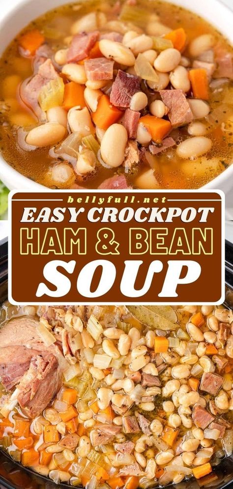 This slow cooker recipe is as easy as dump and go! There's nothing like coming home to this crockpot meal. Full of veggies and a rich broth, this ham and bean soup is satisfying and full of incredible flavor! Crockpot Ham And Bean Soup, Bean Soup Crockpot, Crockpot Ham And Beans, Crock Pot Ham, Soup Night, Comfort Soups, Vegetable Ideas, Crockpot Soups, Ham And Bean