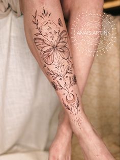 Butterfly On Shin Tattoo, Nature Shin Tattoo, Women’s Shin Tattoo Ideas, Witchy Shin Tattoo, Shin Tattoo Color, Calf Shin Tattoo, Shin Bone Tattoo, Dainty Shin Tattoo, Ladies Shin Tattoo