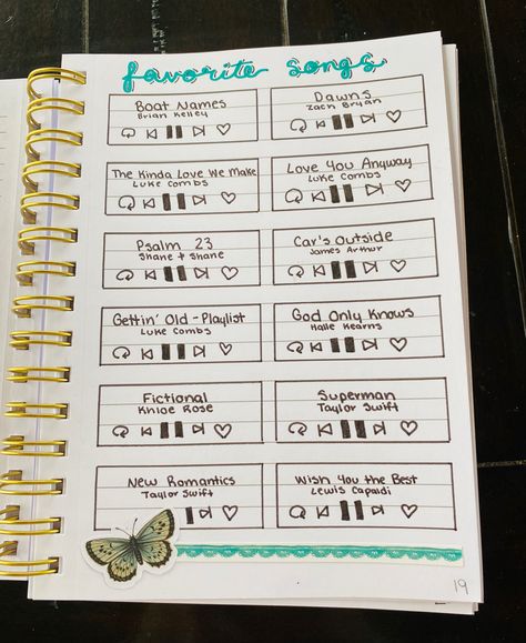 music, favorite songs, bullet journal, notebooks, butterflies, stickers, tracker, green blue Songs That Give You Butterflies, Favorite Song Journal Page, Music Journaling Ideas, How To Make A Music Journal, Bullet Journal Music Page, Bullet Journal Favorites Page, Journal Songs Page, Journal Favorite Songs, Favorite Songs Journal Page