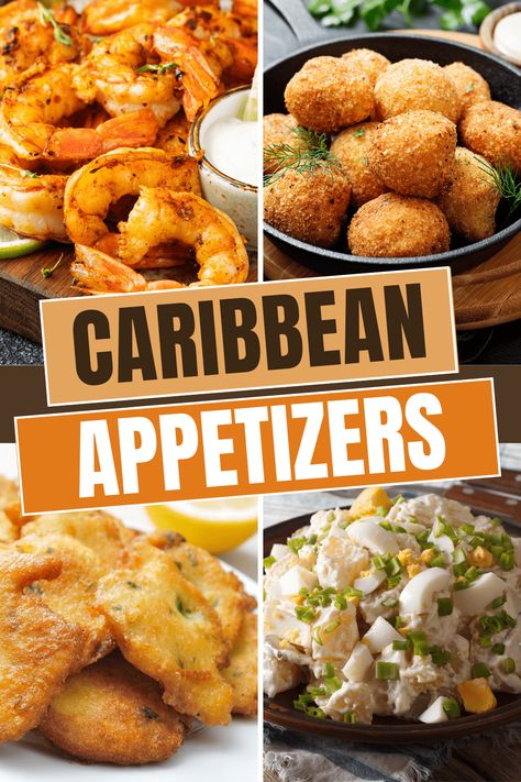 Island Themed Appetizers, Caribbean Buffet Ideas, Caribbean Appetizer Recipes, Jamaican Hors D'oeuvres, Carribean Party Food Ideas, Caribbean Finger Foods, Carribean Food Catering, Tropical Shrimp Recipes, Carribean Brunch Ideas