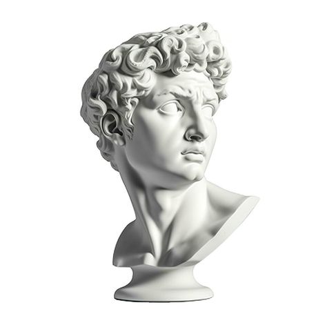 Gypsum statue of David's head. Michelangelo's David statue plaster copy isolated on white background. Ancient greek sculpture, statue of hero, generate ai Head Statue Greek, Greek Head Sculpture, David Head Sculpture, Greece Statue, Statues Greek, Statue Face, Greek Sculptures, Michelangelo David, David Michelangelo