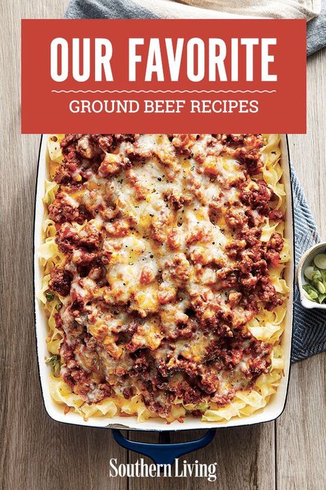 Whether you call it hamburger meat or ground chuck, the Southern Living Test Kitchen has you covered with our best ground beef dinner recipes. You’ll find surprising ways to use ground beef in stir frys, soups, calzones, kabobs, and more for every weeknight dinner and nicer meals with company. Ground beef freezes well, too, so stock up at the supermarket and bookmark this gallery as your go-to source for easy ground beef recipes. #groundbeef #dinner #easyquick #supper #groundbeefrecipes Ground Beef Dinners, Ground Beef Casserole Recipes, Beef Dinners, Ground Beef Dishes, Ground Meat Recipes, Beef Casserole Recipes, Ground Beef Casserole, Dinner With Ground Beef, Ground Beef Recipes For Dinner