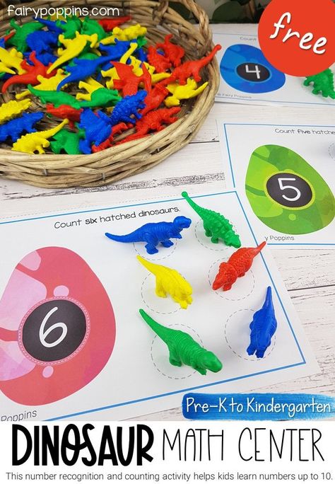 This FREE dinosaur math center helps kids develop counting and number recognition skills. It's fun to use with dinosaur counters. #numberrecognition #counting #dinosaurmath #preschoolmath #prekmath #kindergartenmath #dinosauractivities #numbermathcenter #numbersto10 #dinosaurtheme #mathcenters #handsonmath Dinosaur Counting Preschool, Dinosaur Letter Activities, How Do Dinosaurs Count To Ten Activities, Dinosaur Anchor Chart Preschool, Dinosaur Centers Preschool, Dinosaur Preschool Theme, Dinosaur Activities For Toddlers, Preschool Dinosaur Activities, Dinosaur Counting