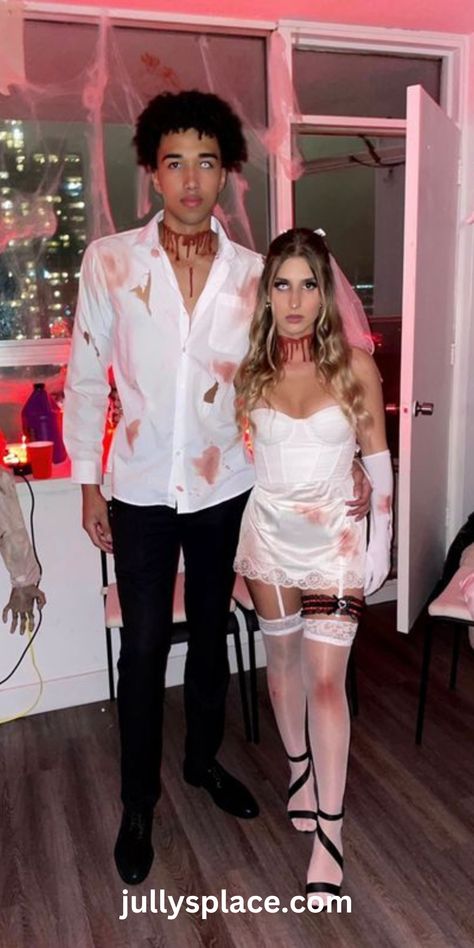 Halloween Costume Ideas for Couples Zombie Costume Ideas For Couples, Scary Costumes Couples, Dead Groom And Bride Costume, Vampire Bride And Groom Costume, Halloween Scary Couples Costumes, Chucky And Bride Costume Couple, Nurse And Doctor Costume Couple, Killer Bride Costume Halloween, Couple Scary Halloween Costumes