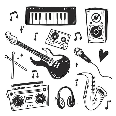 Premium Vector | Rock n roll punk music doodle set Music Doodles Simple, Rock N Roll Drawings, Music Lover Drawing, Music Doodles Aesthetic, Music Drawings Doodles, Doodles Music, Rock Doodles, Guitar Doodle, Music Doodles