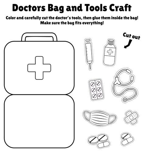 Doctors Bag And Tools Craft Printable Activity First Aid Kit Craft For Preschool, Dr Bag Craft Preschool, Doctor And Nurse Preschool Activities, Doctors Bag Craft Preschool, Doctor Art And Craft Preschool, Doctors Kit Preschool Craft, Occupation Theme Preschool Art Projects, Hospital Theme Preschool Activities, Doctor Play Printables